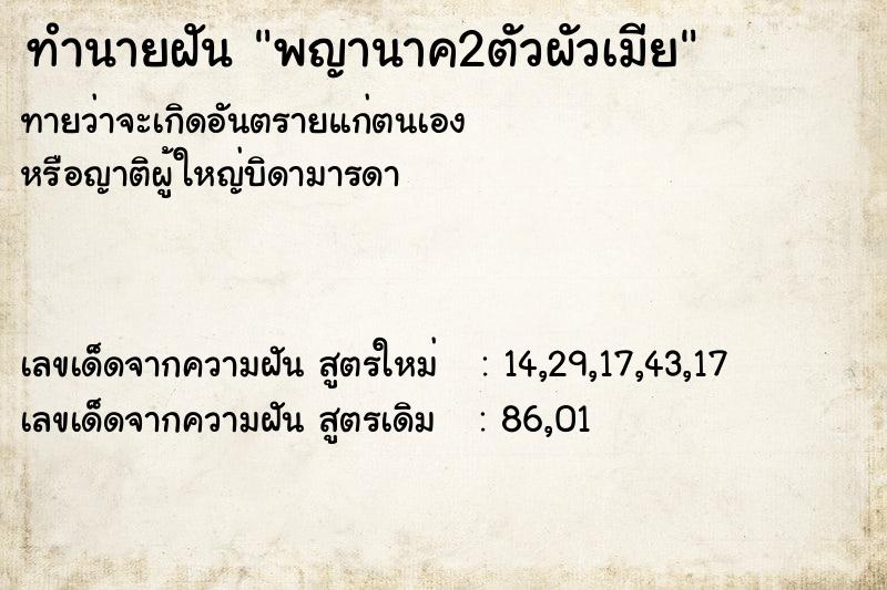 ทำนายฝัน พญานาค2ตัวผัวเมีย  เลขนำโชค 