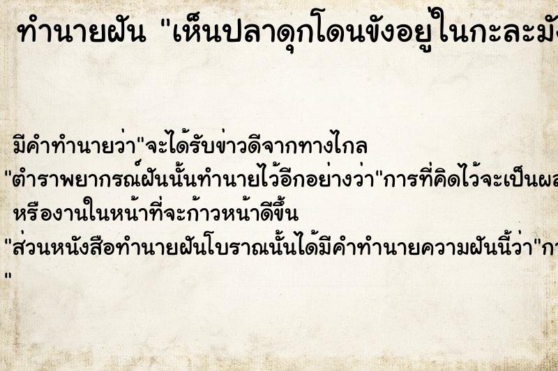 ทำนายฝัน #ทำนายฝัน #เห็นปลาดุกโดนขังอยู่ในกะละมัง  เลขนำโชค 