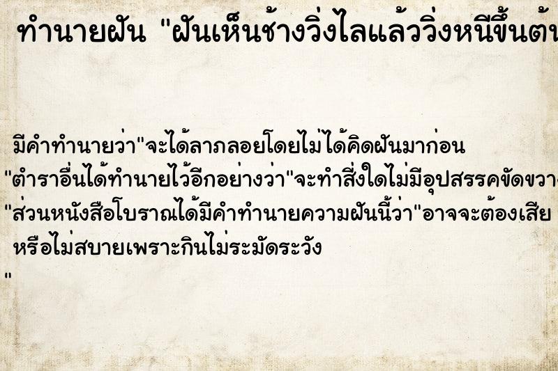 ทำนายฝัน ฝันเห็นช้างวิ่งไลแล้ววิ่งหนีขึ้นต้นไม้