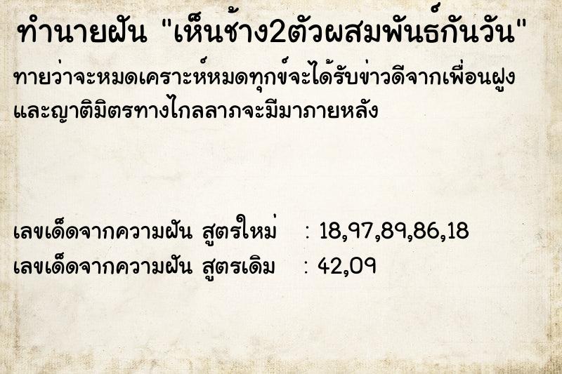 ทำนายฝัน เห็นช้าง2ตัวผสมพันธ์กันวัน