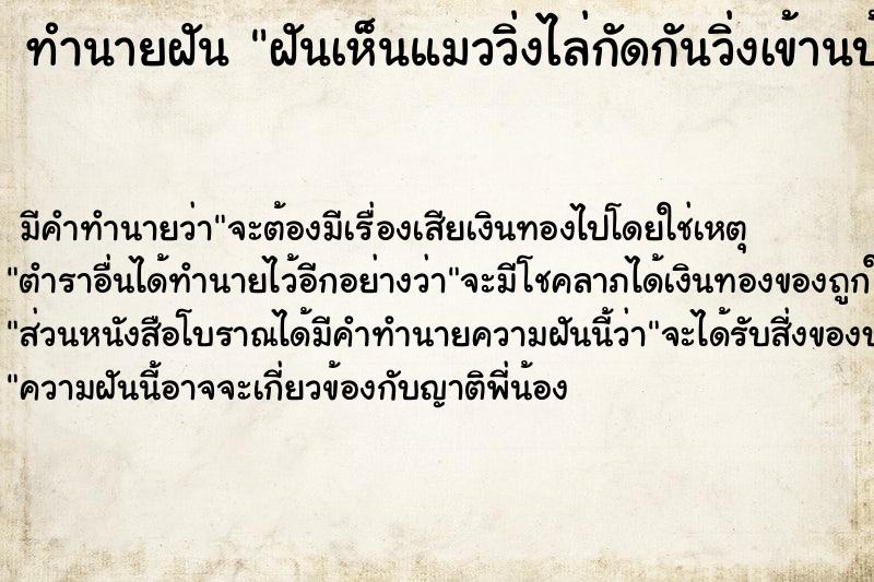 ทำนายฝัน ฝันเห็นแมววิ่งไล่กัดกันวิ่งเข้านบ้าน