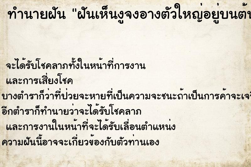 ทำนายฝัน ฝันเห็นงูจงอางตัวใหญ่อยู่บนต้นไม้ใหญ่