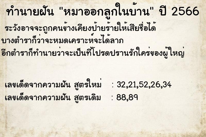 ทำนายฝัน หมาออกลูกในบ้าน  เลขนำโชค 