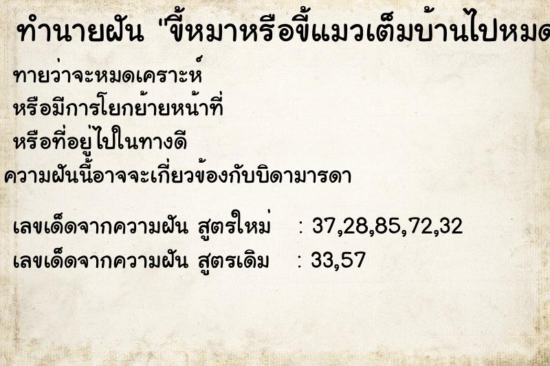 ทำนายฝัน ขี้หมาหรือขี้แมวเต็มบ้านไปหมดนั่งกับพื้นไม่ได้เลย  เลขนำโชค 