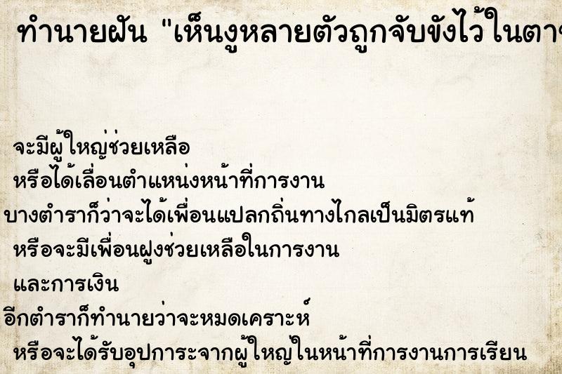 ทำนายฝัน เห็นงูหลายตัวถูกจับขังไว้ในตาข่าย