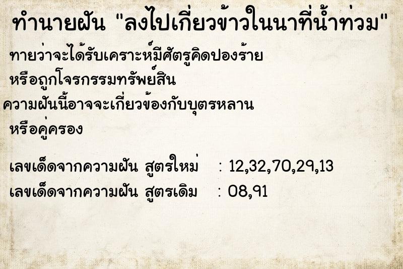 ทำนายฝัน ลงไปเกี่ยวข้าวในนาที่น้ำท่วม