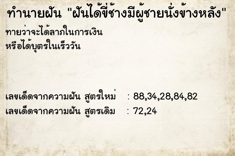 ทำนายฝัน ฝันได้ขี่ช้างมีผู้ชายนั่งข้างหลัง