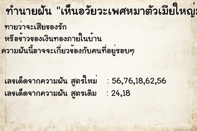 ทำนายฝัน เห็นอวัยวะเพศหมาตัวเมียใหญ่มากแบบเป็นสัด  เลขนำโชค 