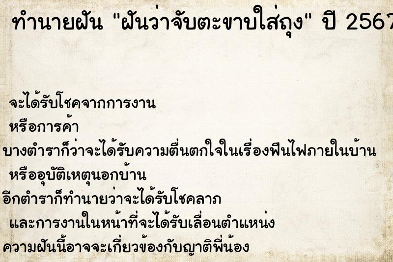 ทำนายฝัน ฝันว่าจับตะขาบใส่ถุง