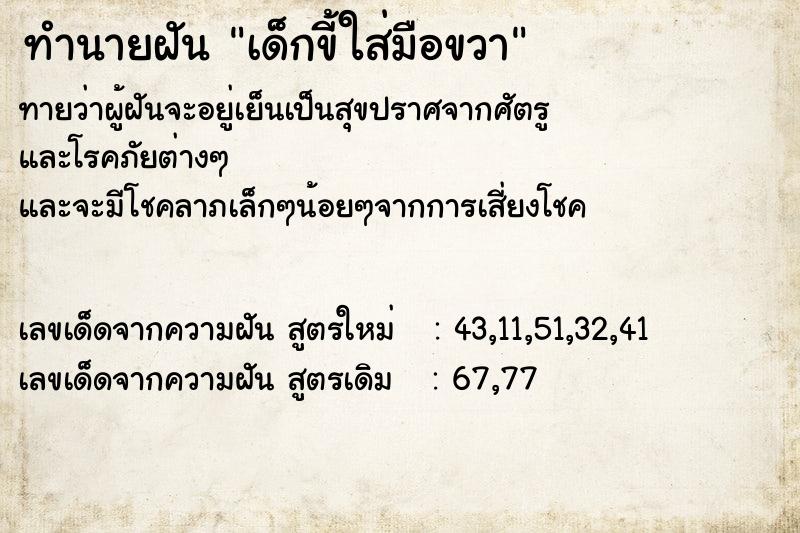 ทำนายฝัน เด็กขี้ใส่มือขวา  เลขนำโชค 