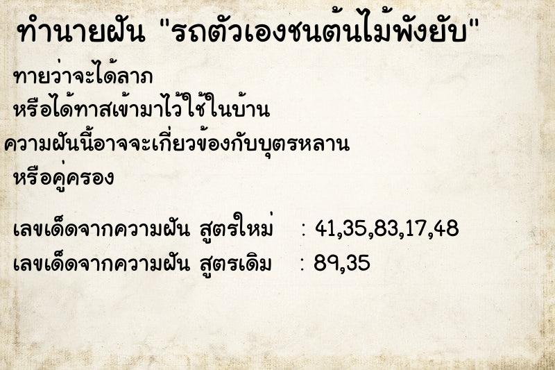 ทำนายฝัน รถตัวเองชนต้นไม้พังยับ