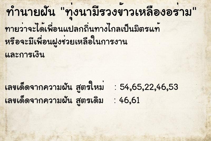 ทำนายฝัน ทุ่งนามีรวงข้าวเหลืองอร่าม  เลขนำโชค 