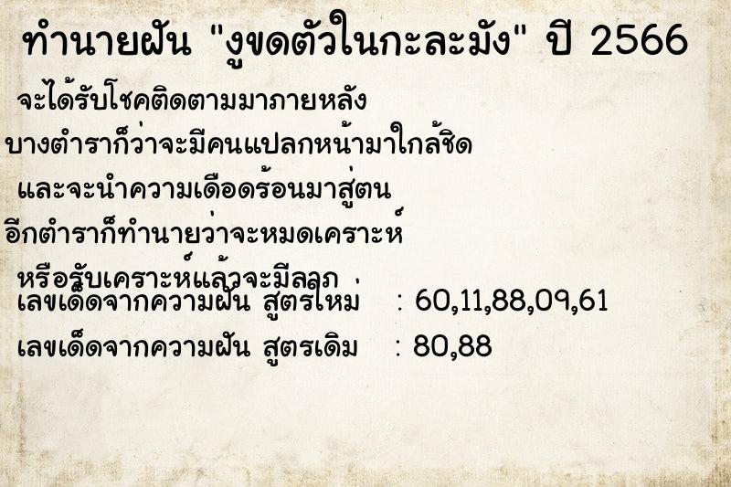 ทำนายฝัน งูขดตัวในกะละมัง  เลขนำโชค 