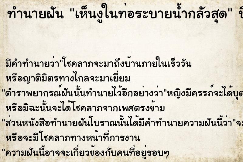 ทำนายฝัน เห็นงูในท่อระบายน้ำกลัวสุด