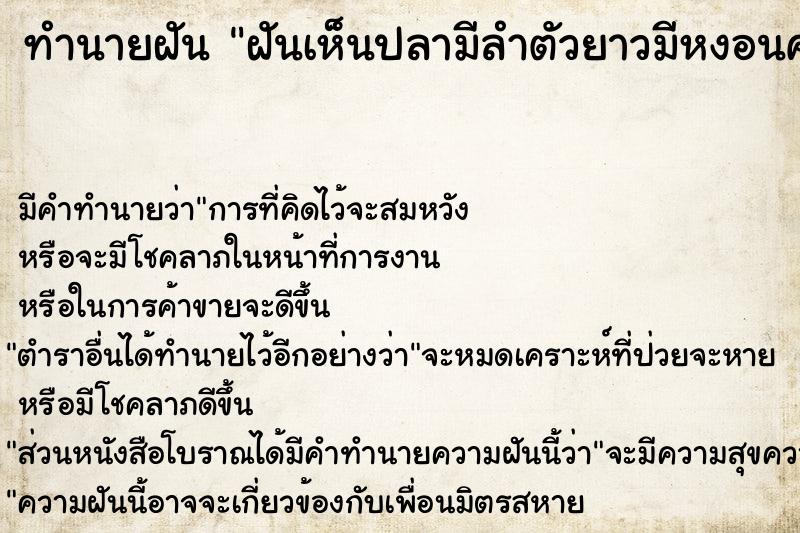 ทำนายฝัน ฝันเห็นปลามีลำตัวยาวมีหงอนคลายพญานาค