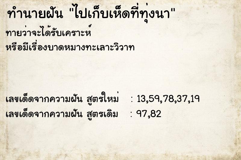 ทำนายฝัน ไปเก็บเห็ดที่ทุ่งนา