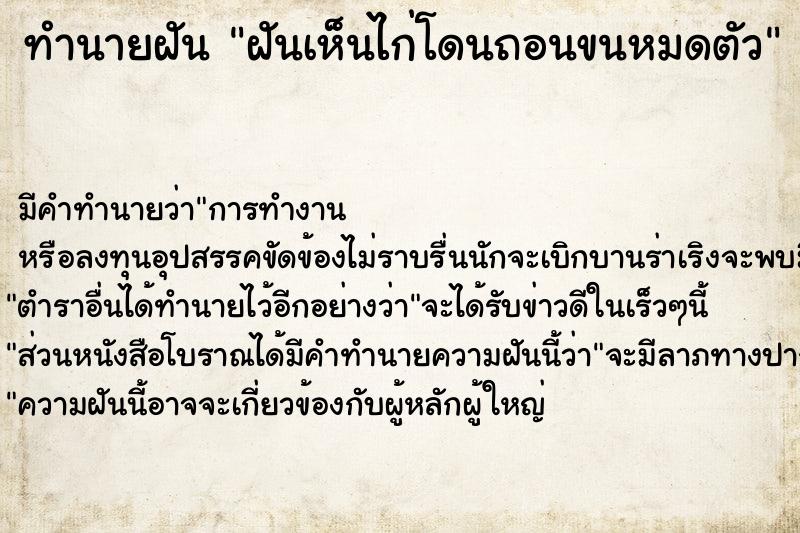 ทำนายฝัน ฝันเห็นไก่โดนถอนขนหมดตัว