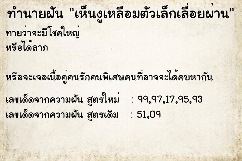 ทำนายฝัน เห็นงูเหลือมตัวเล็กเลื่อยผ่าน  เลขนำโชค 