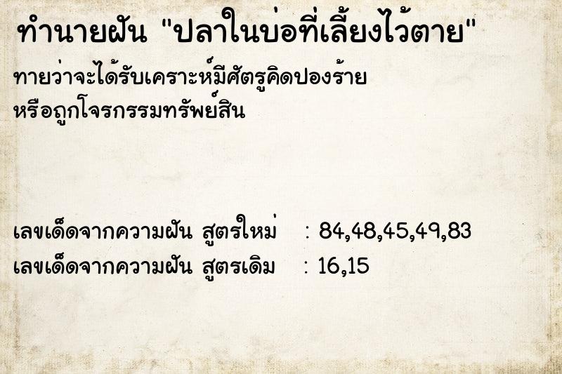 ทำนายฝัน ปลาในบ่อที่เลี้ยงไว้ตาย