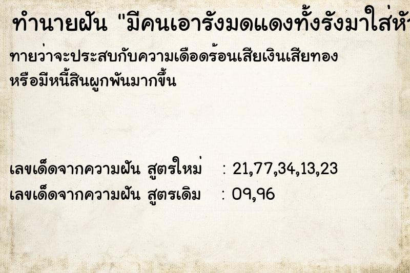 ทำนายฝัน มีคนเอารังมดแดงทั้งรังมาใส่หัว