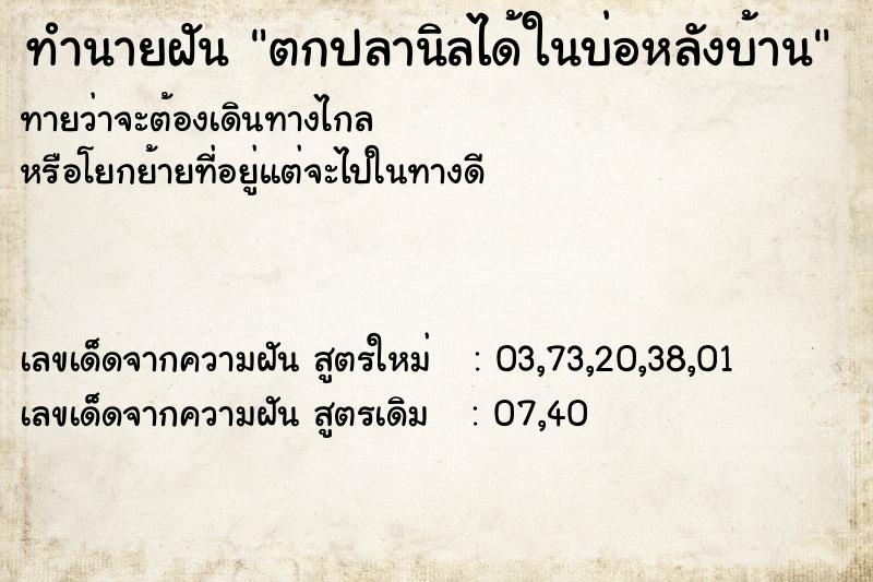 ทำนายฝัน ตกปลานิลได้ในบ่อหลังบ้าน