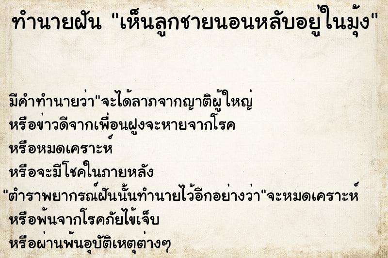 ทำนายฝัน เห็นลูกชายนอนหลับอยู่ในมุ้ง