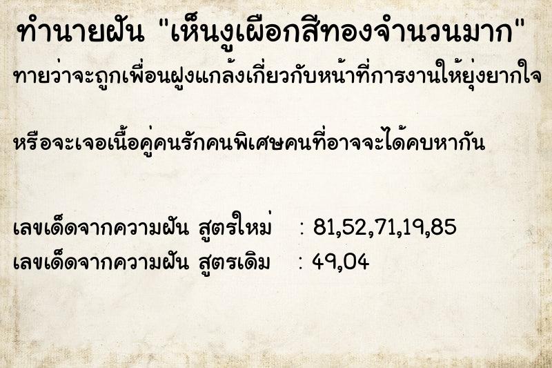 ทำนายฝัน เห็นงูเผือกสีทองจำนวนมาก