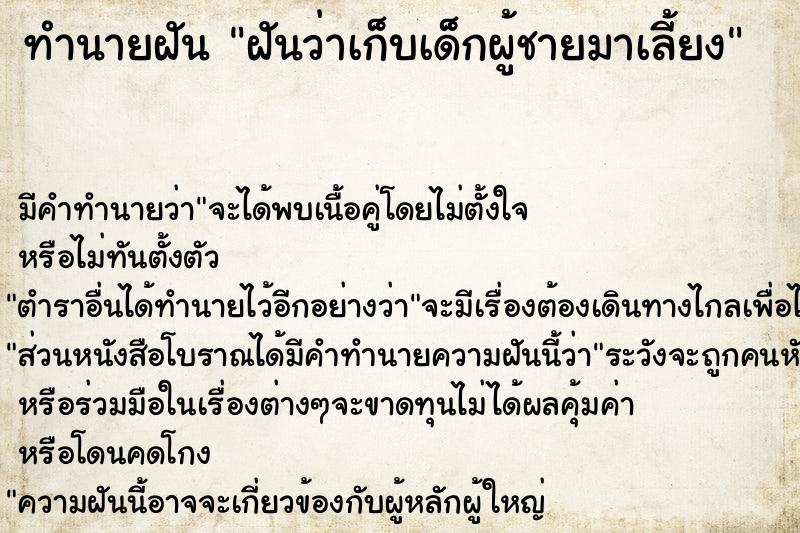 ทำนายฝัน ฝันว่าเก็บเด็กผู้ชายมาเลี้ยง  เลขนำโชค 