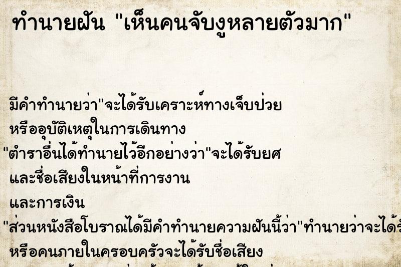 ทำนายฝัน เห็นคนจับงูหลายตัวมาก