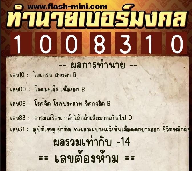 ทำนายเบอร์มงคล 0XX-1008310  ทำนายเบอร์มงคล หมายเลข 064-100831 