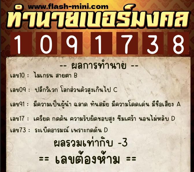 ทำนายเบอร์มงคล 0XX-1091738  ทำนายเบอร์มงคล หมายเลข 095-109173 