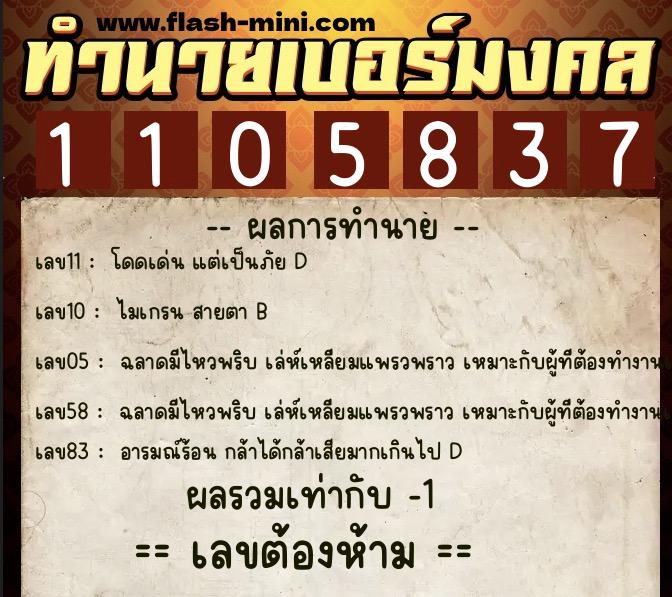 ทำนายเบอร์มงคล 0XX-1105837  ทำนายเบอร์มงคล หมายเลข 094-110583 