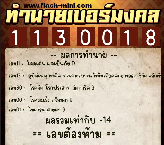 ทำนายเบอร์มงคล 0XX-1130018  ทำนายเบอร์มงคล หมายเลข 098-113001 