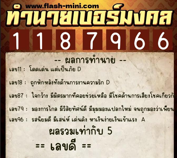 ทำนายเบอร์มงคล 0XX-1187966  ทำนายเบอร์มงคล หมายเลข 063-118796 