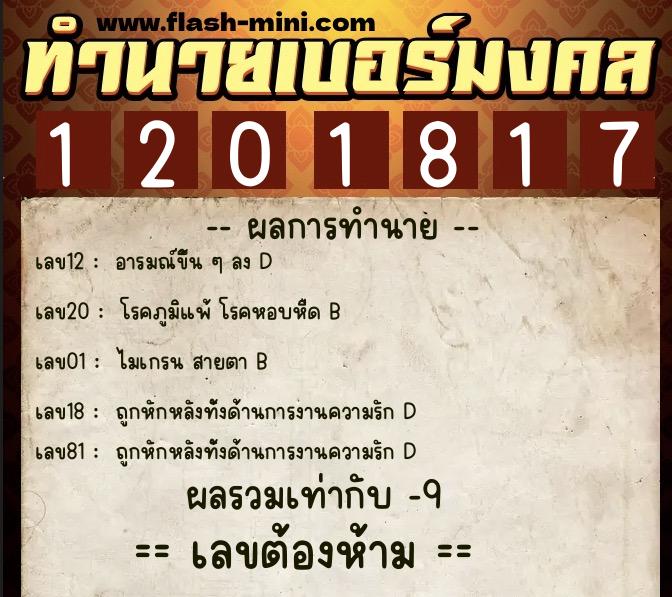 ทำนายเบอร์มงคล 0XX-1201817  ทำนายเบอร์มงคล หมายเลข 087-120181 