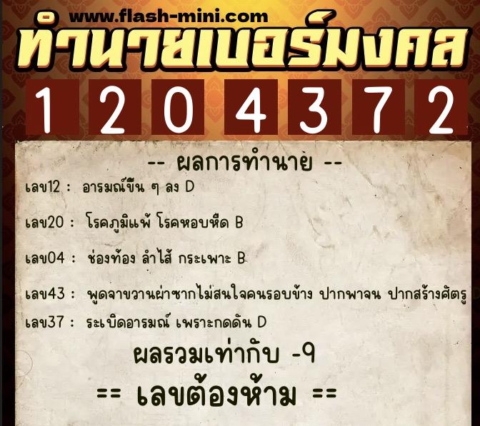 ทำนายเบอร์มงคล 0XX-1204372  ทำนายเบอร์มงคล หมายเลข 094-120437 