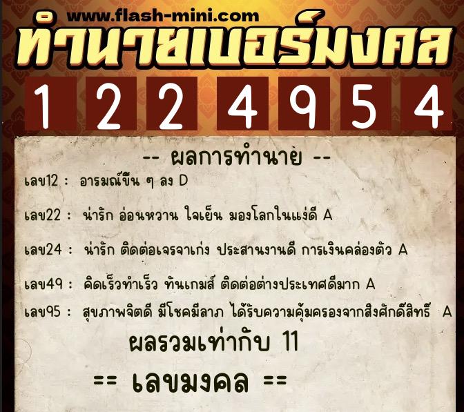 ทำนายเบอร์มงคล 0XX-1224954  ทำนายเบอร์มงคล หมายเลข 082-122495 