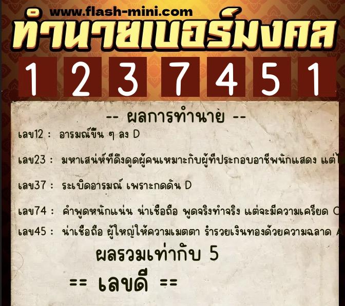 ทำนายเบอร์มงคล 0XX-1237451  ทำนายเบอร์มงคล หมายเลข 093-123745 