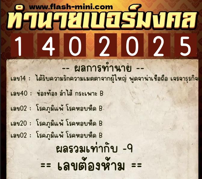 ทำนายเบอร์มงคล 0XX-1402025  ทำนายเบอร์มงคล หมายเลข 094-140202 