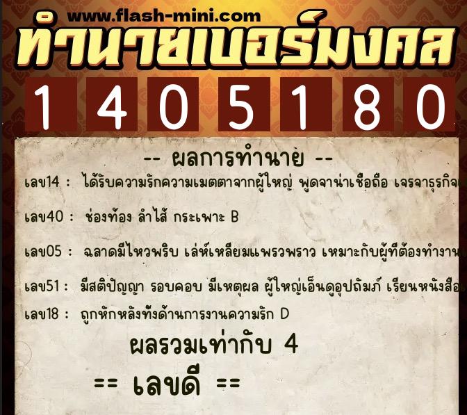 ทำนายเบอร์มงคล 0XX-1405180  ทำนายเบอร์มงคล หมายเลข 068-140518 