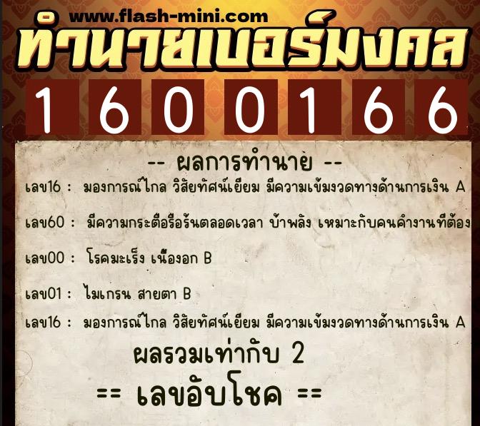 ทำนายเบอร์มงคล 0XX-1600166  ทำนายเบอร์มงคล หมายเลข 067-160016 