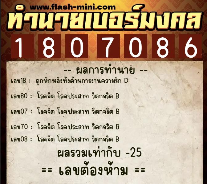 ทำนายเบอร์มงคล 0XX-1807086  ทำนายเบอร์มงคล หมายเลข 085-180708 