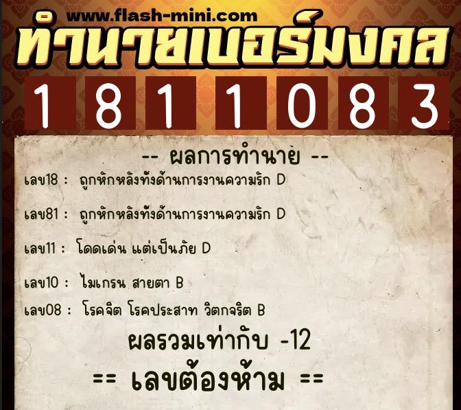 ทำนายเบอร์มงคล 0XX-1811083  ทำนายเบอร์มงคล หมายเลข 062-181108 