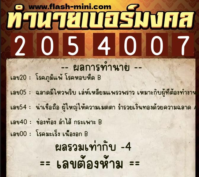 ทำนายเบอร์มงคล 0XX-2054007  ทำนายเบอร์มงคล หมายเลข 066-205400 