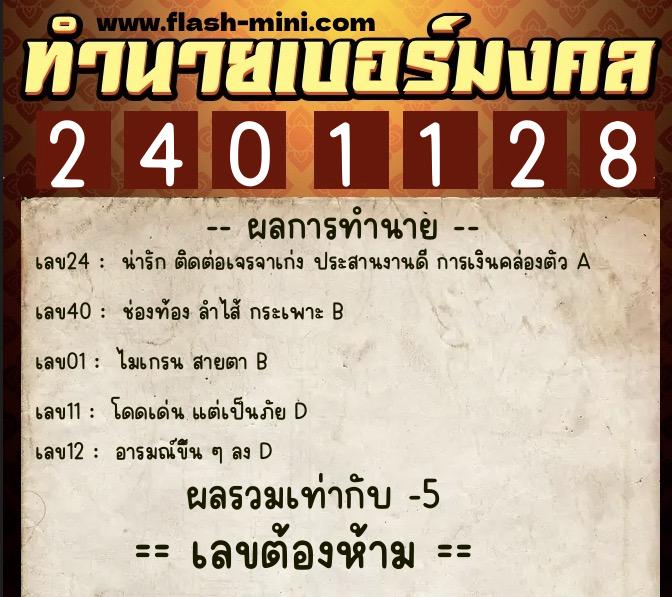 ทำนายเบอร์มงคล 0XX-2401128  ทำนายเบอร์มงคล หมายเลข 062-240112 