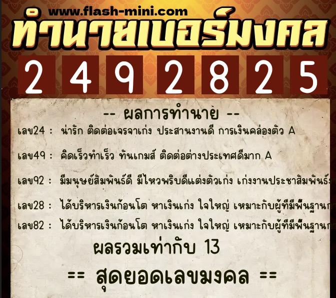 ทำนายเบอร์มงคล 0XX-2492825  ทำนายเบอร์มงคล หมายเลข 099-249282 