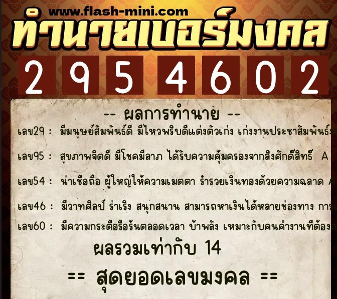 ทำนายเบอร์มงคล 0XX-2954602  ทำนายเบอร์มงคล หมายเลข 061-295460 