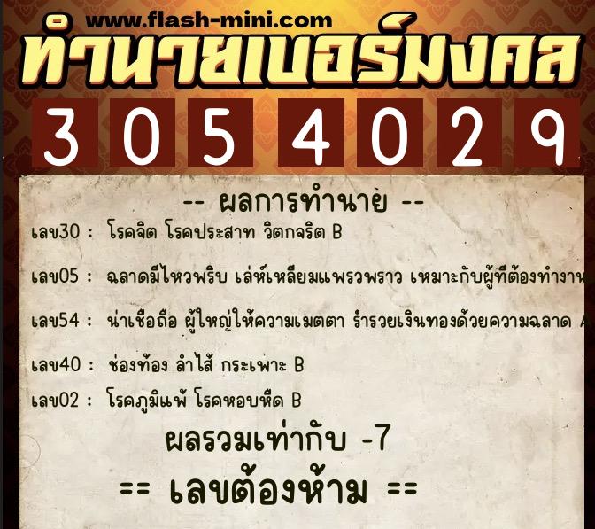 ทำนายเบอร์มงคล 0XX-3054029  ทำนายเบอร์มงคล หมายเลข 061-305402 