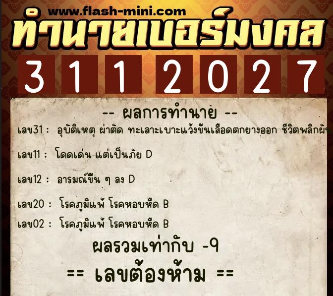 ทำนายเบอร์มงคล 0XX-3112027  ทำนายเบอร์มงคล หมายเลข 080-311202 