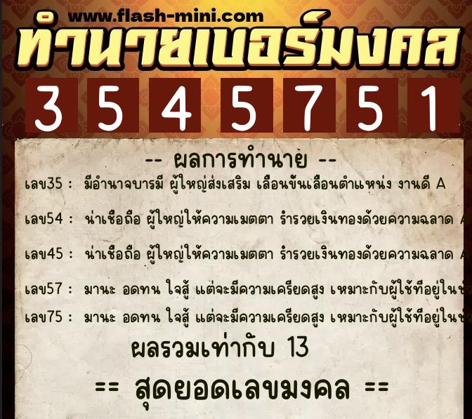 ทำนายเบอร์มงคล 0XX-3545751  ทำนายเบอร์มงคล หมายเลข 090-354575 